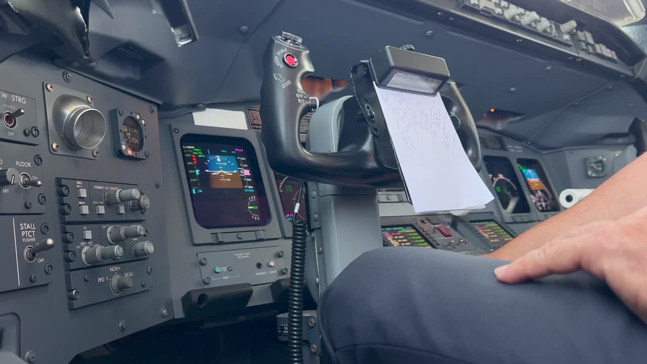 Closeup left side view of the hand of a white pilot using the hand microphone to address the passengers during a real flight. Modern jet cockpit. 4K