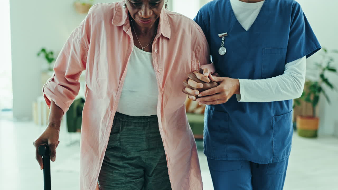 Walking, help and caregiver with senior woman