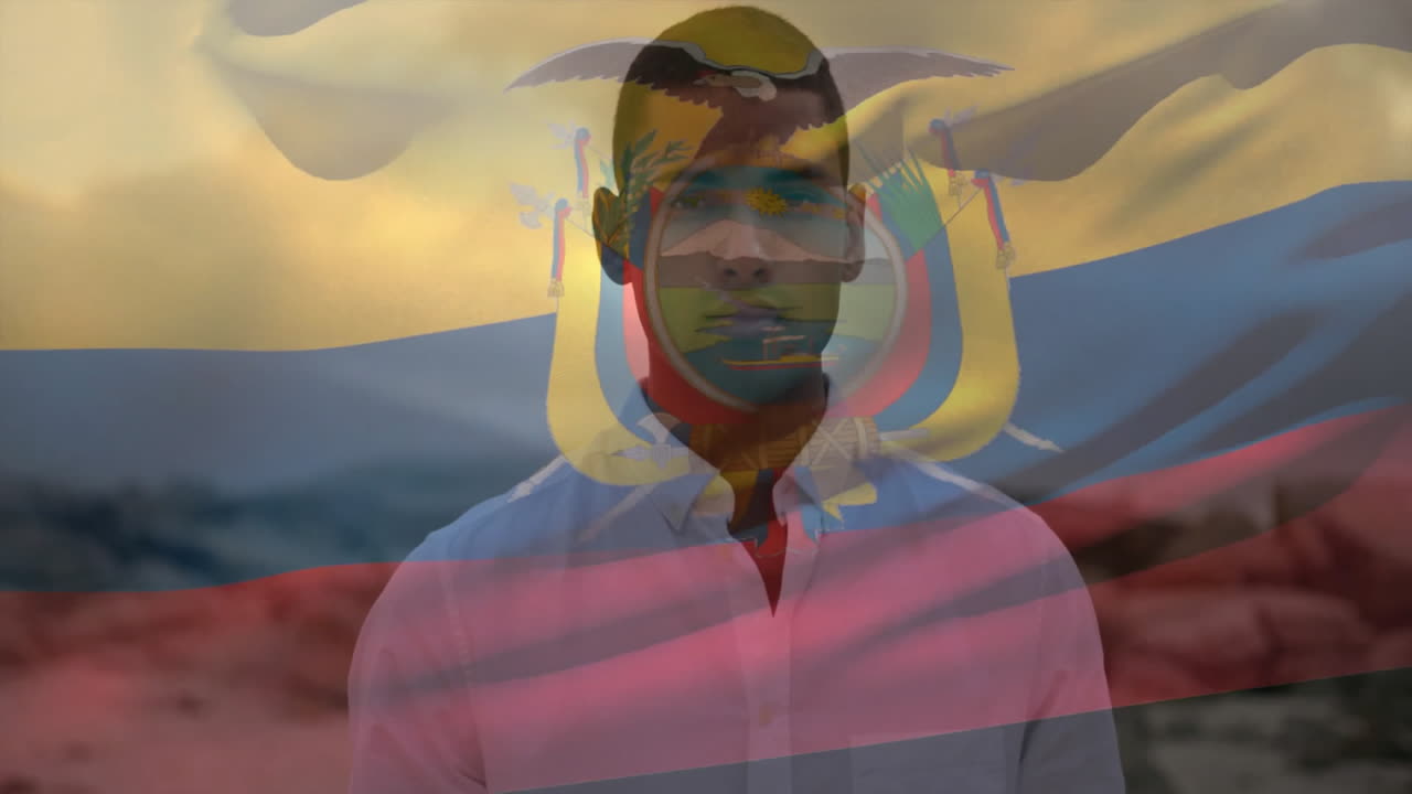 Standing with Ecuadorian flag overlay, man in front of mountainous landscape animation