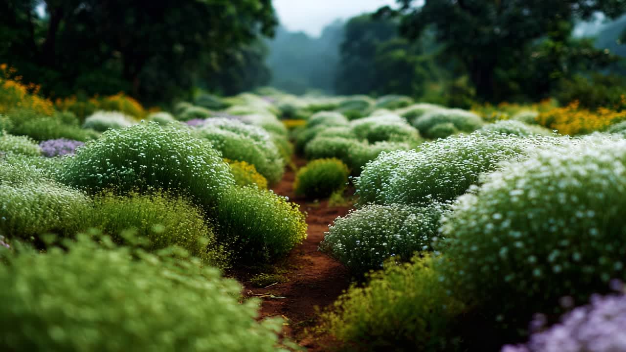 A Serene Path Through Lush Flowering Fields: A Tranquil View of Vibrant Blooms and Soft Greenery Surrounding a Peaceful Trail in Nature's Embrace