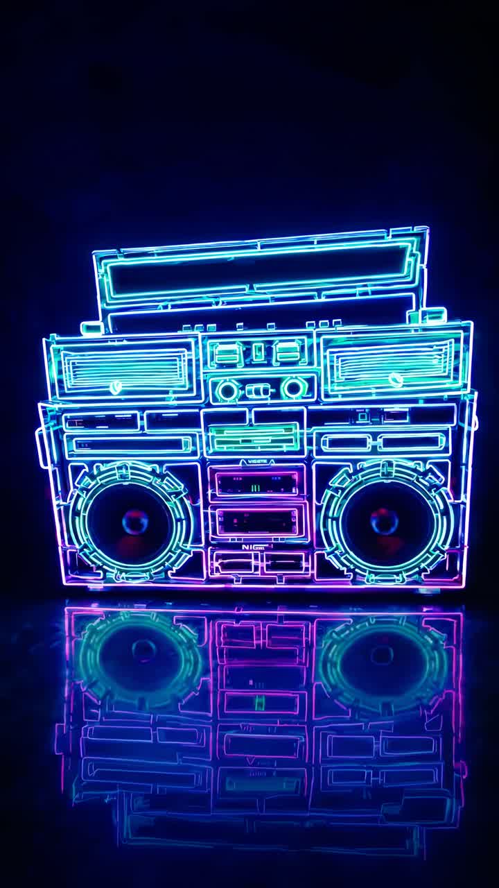 Opera d'arte boombox al neon in colori vivaci, ripresa da un'angolazione frontale, perfetta per temi video retrò.