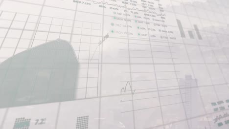 animation of statistical and stock market data processing against aerial view of cityscape