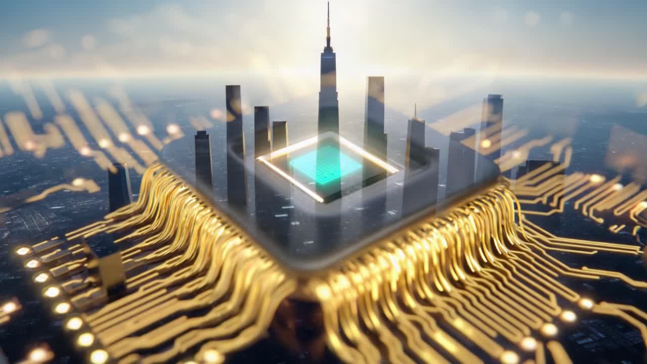 A Glimpse into a Futuristic Cityscape Emerging from a Central Processor: An Exploration of the Intersection Between Technology and Urban Development in a Digital Age