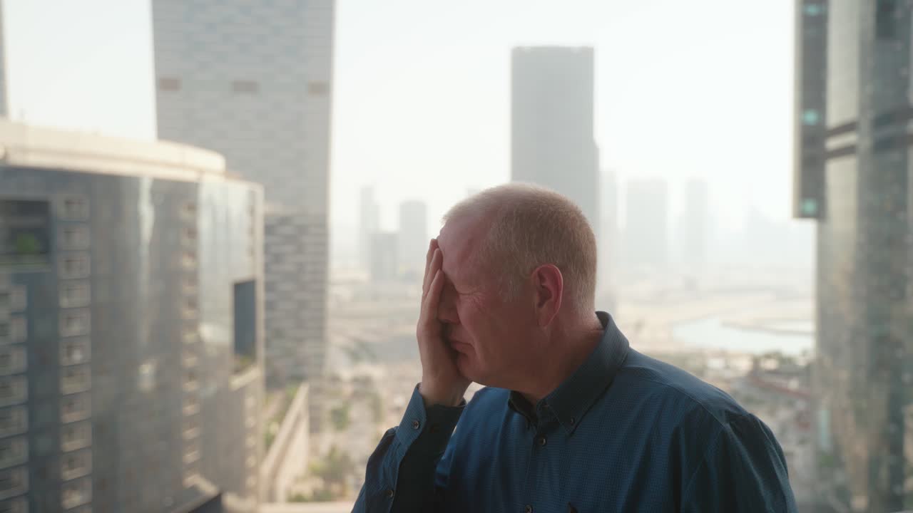 Senior man poses with different emotions for a social media video thumbnail with a cityscape in the background then turns off the record button