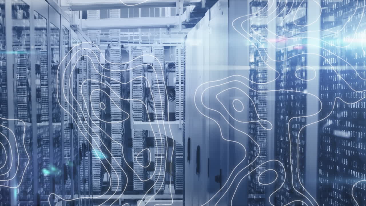 Animation of white map lines and data processing over tech room with computer servers