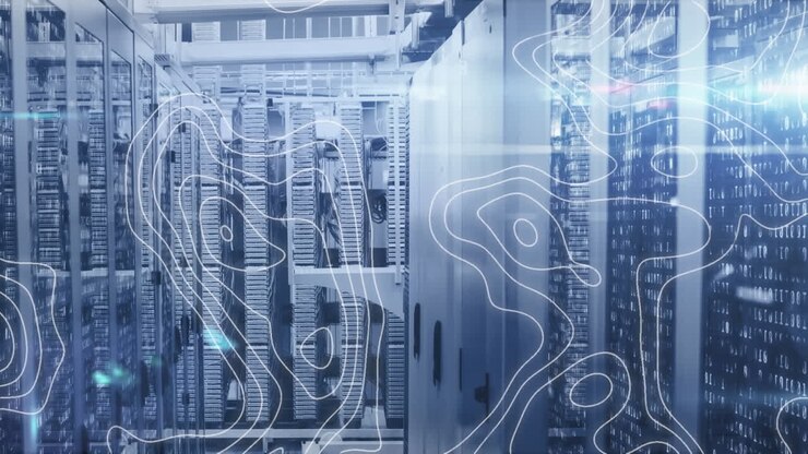 Animation of white map lines and data processing over tech room with computer servers
