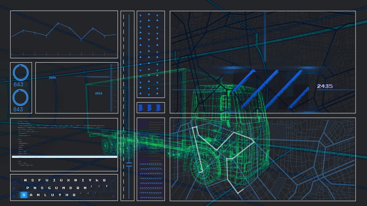 Etter ett sekund blir neon grønn wireframe lastebil skannet mens HUD-paneler fader ut og stråler feier over