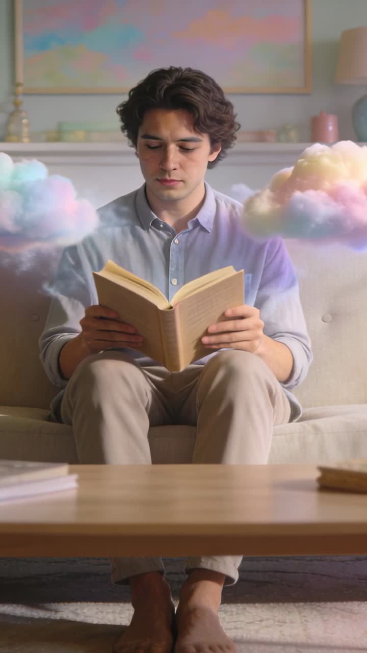 Vertikales Video: Ein Mann im Hemd liest zu Hause, hält ein Buch und blättert um, während sanfte Wolken leuchten.