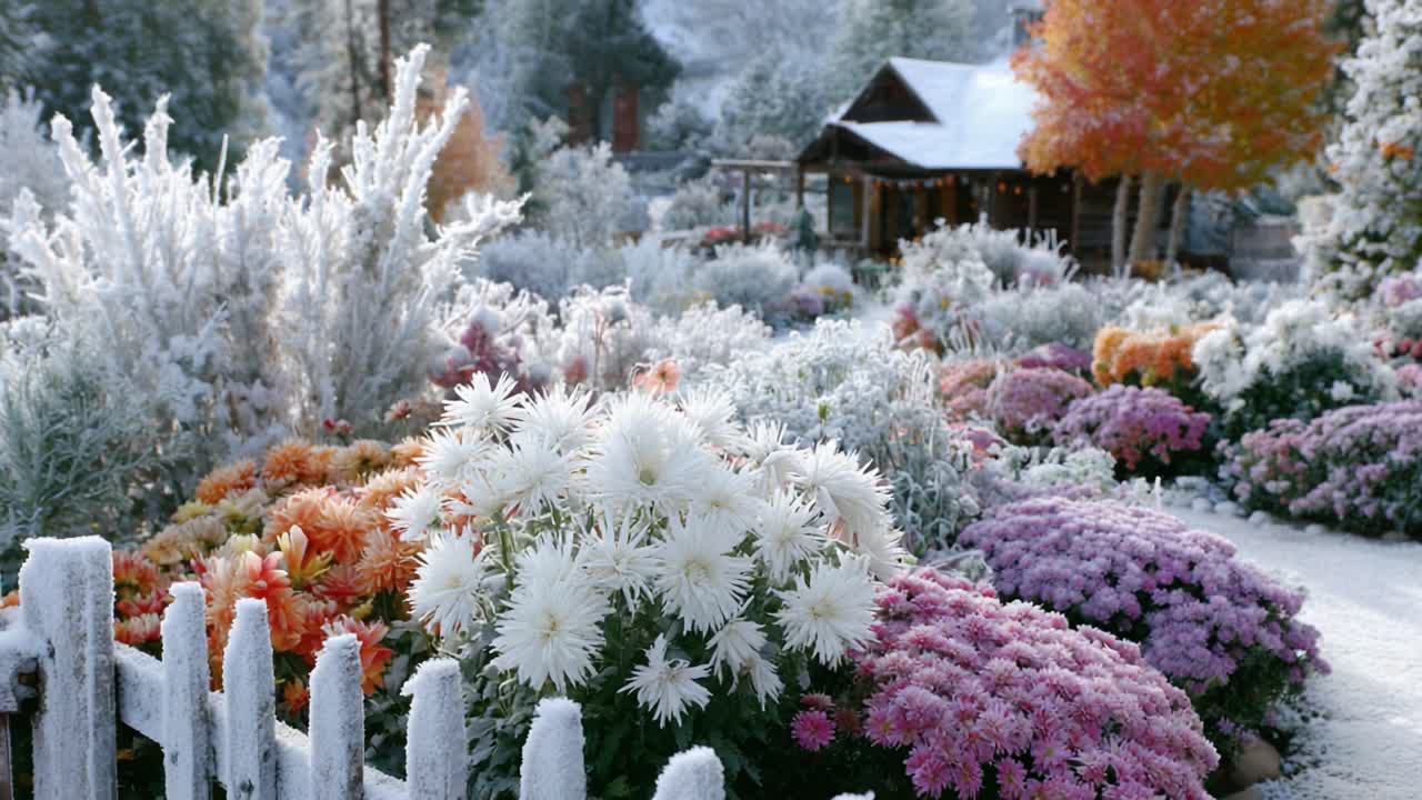 Una scena serena di giardino invernale con fioriture colorate coperte di brina e un accogliente cottage circondato dalla bellezza della natura e da un fogliame vivace
