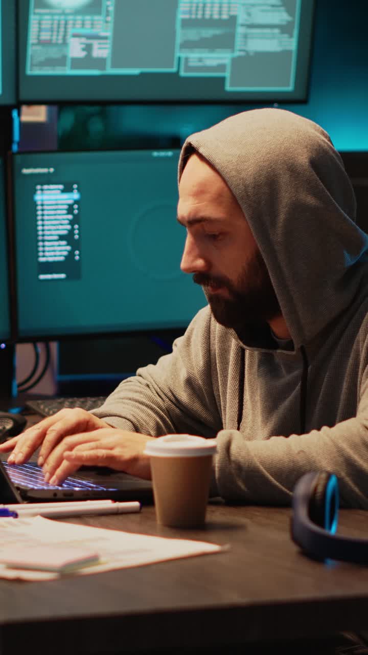 Vertical video: Hacker programmer coding system late at night