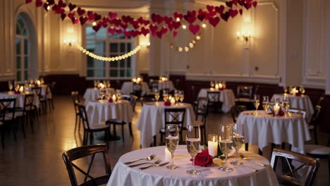 elegant restaurant interior arranging tables for a romantic dinner, featuring candles, red roses, and heart shaped decorations hanging from the ceiling