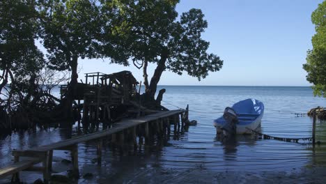 orilla de la playa en punta gorda, roatan, honduras con un pequeño barco atado y atracado en un muelle doméstico