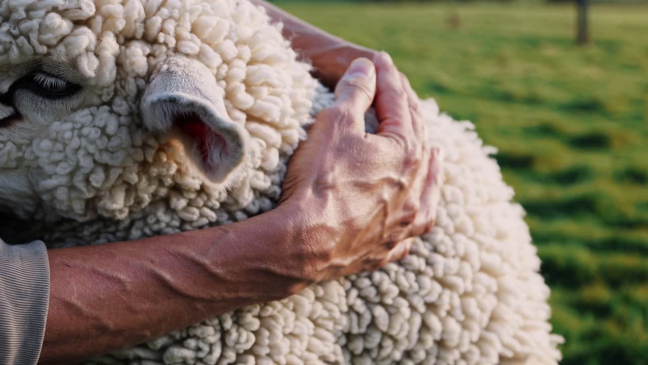 Close-up video shot of a person hugging a sheep, highlighting texture and emotion, with a soft