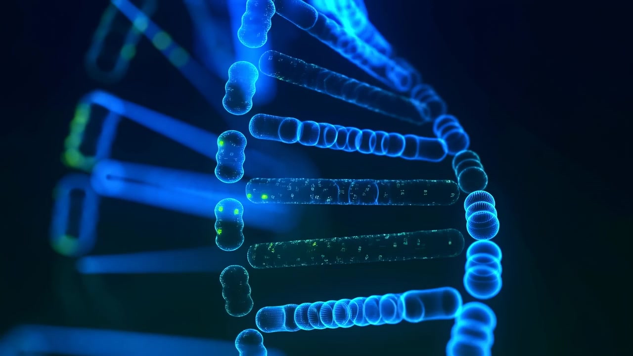 Filamenti molecolari blu brillante e particelle connesse fluttuano diagonalmente su uno sfondo scientifico astratto scuro, creando un'immagine medica futuristica