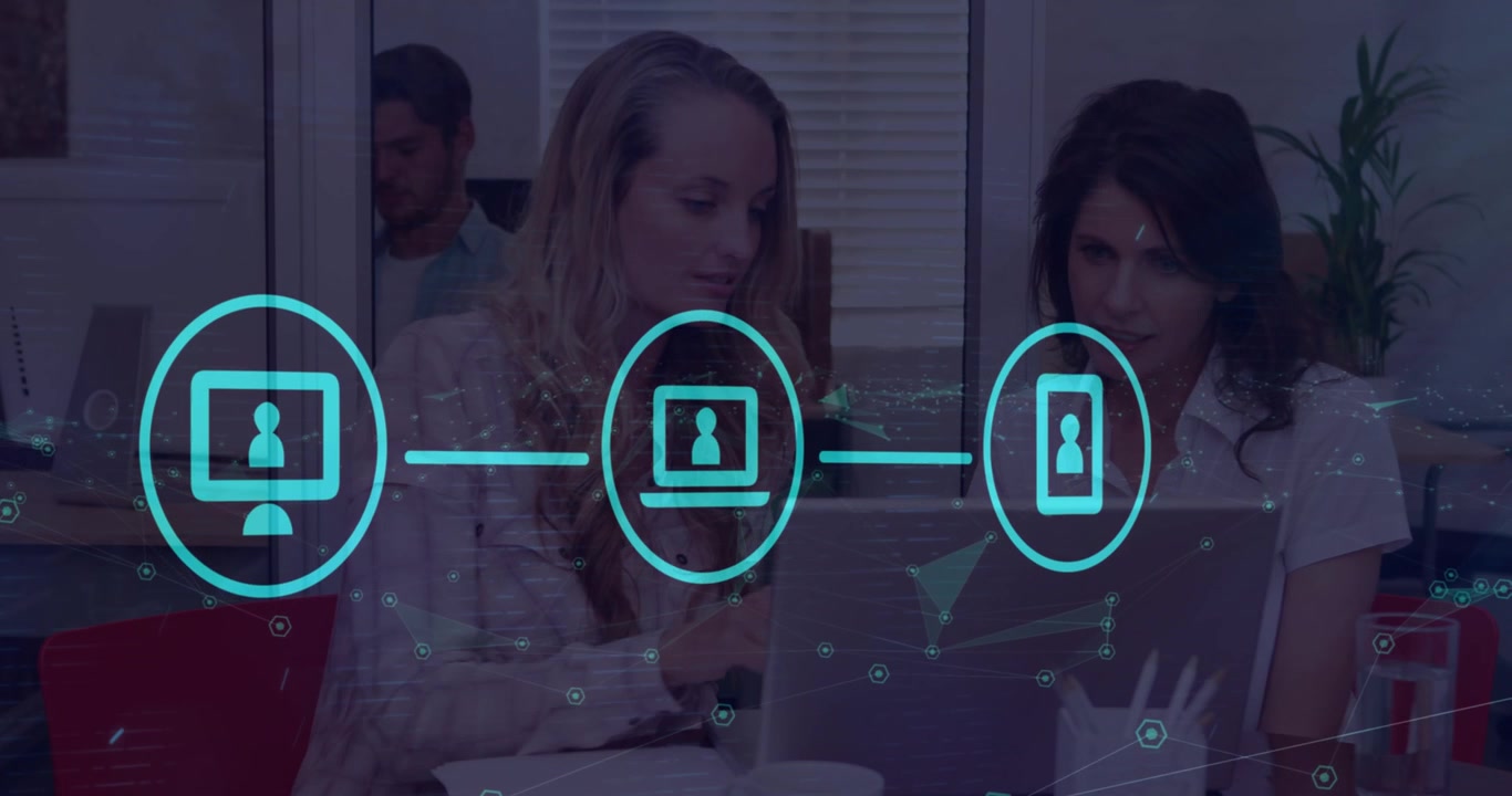 Animation of network of digital icons, plexus networks over two diverse women discussing at office
