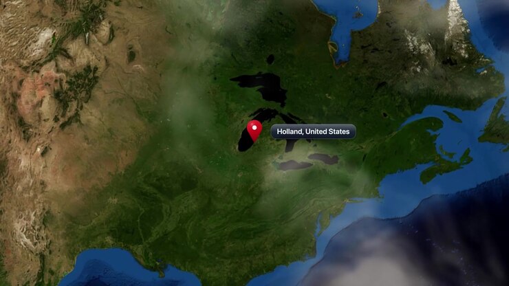 Satellite view 3D animation zooming from outer space into Holland, Michigan, United States. Includes NASA public domain imagery.