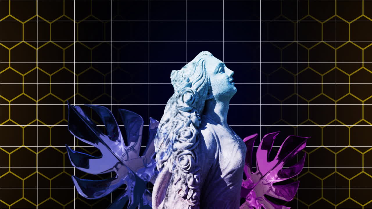 Animation of classical statue and leaves glitching over grid lines on black background