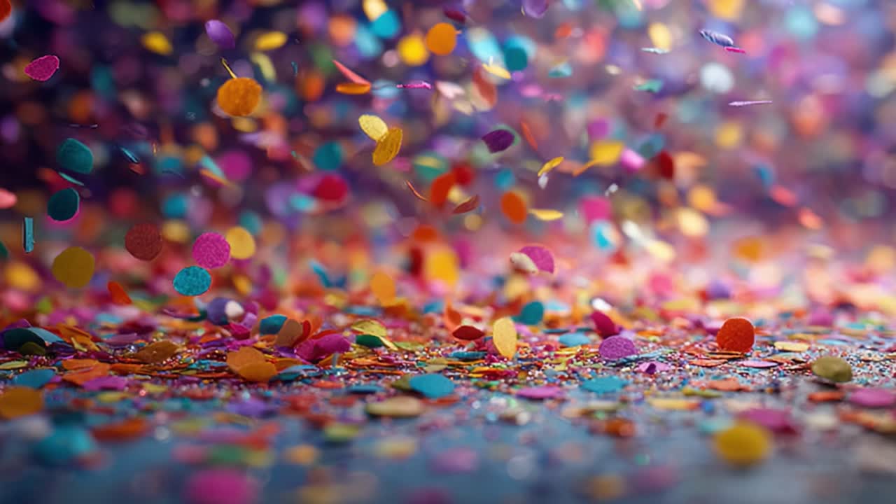 A Vibrant Cascade of Colorful Confetti Sprinkles Across the Surface, Capturing the Joyous Celebration Atmosphere of Festive Events and Special Occasions