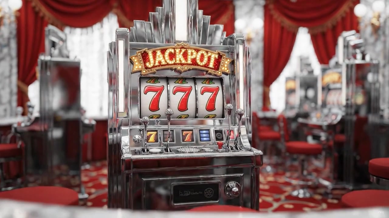 Uma Cena de Cassino Luxuosa Apresentando Caça-Níqueis Clássicos com Símbolos de Jackpot e 777, Exalando Glamour e Emoção em um Ambiente Ricamente Decorado.