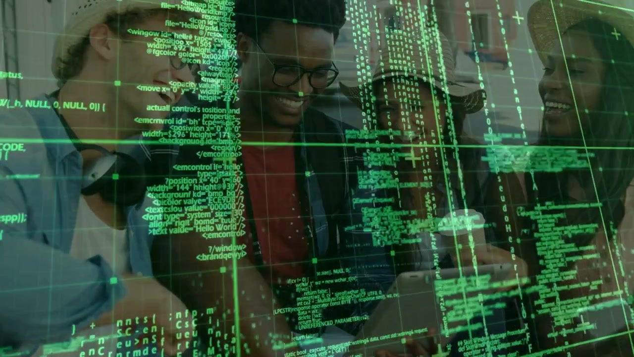 Four tech peers leaning on tablet tapping and passing sparking green code grid across faces, laughs