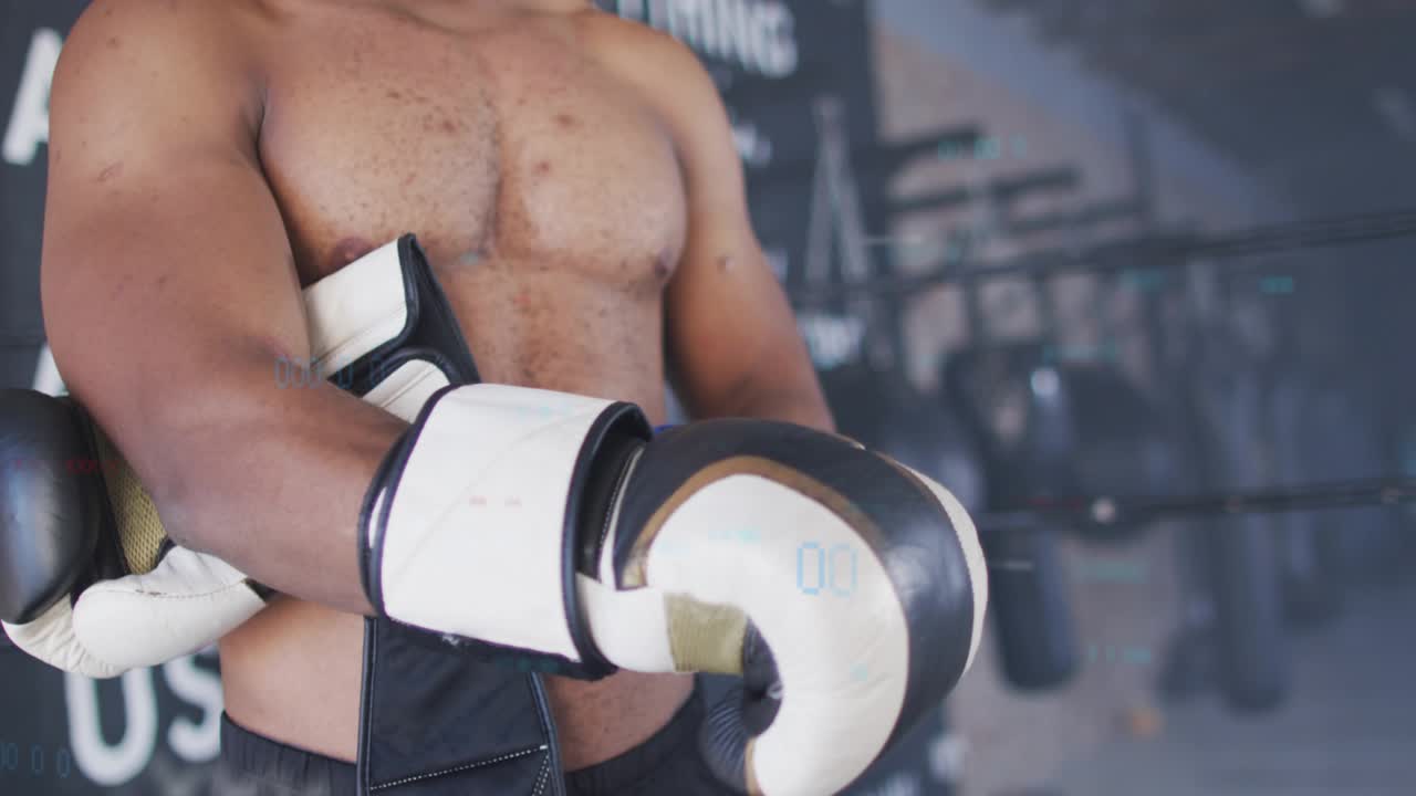 Male boxer preparing for boxing, fastening wraps and gloves while overlays show strap lock ready