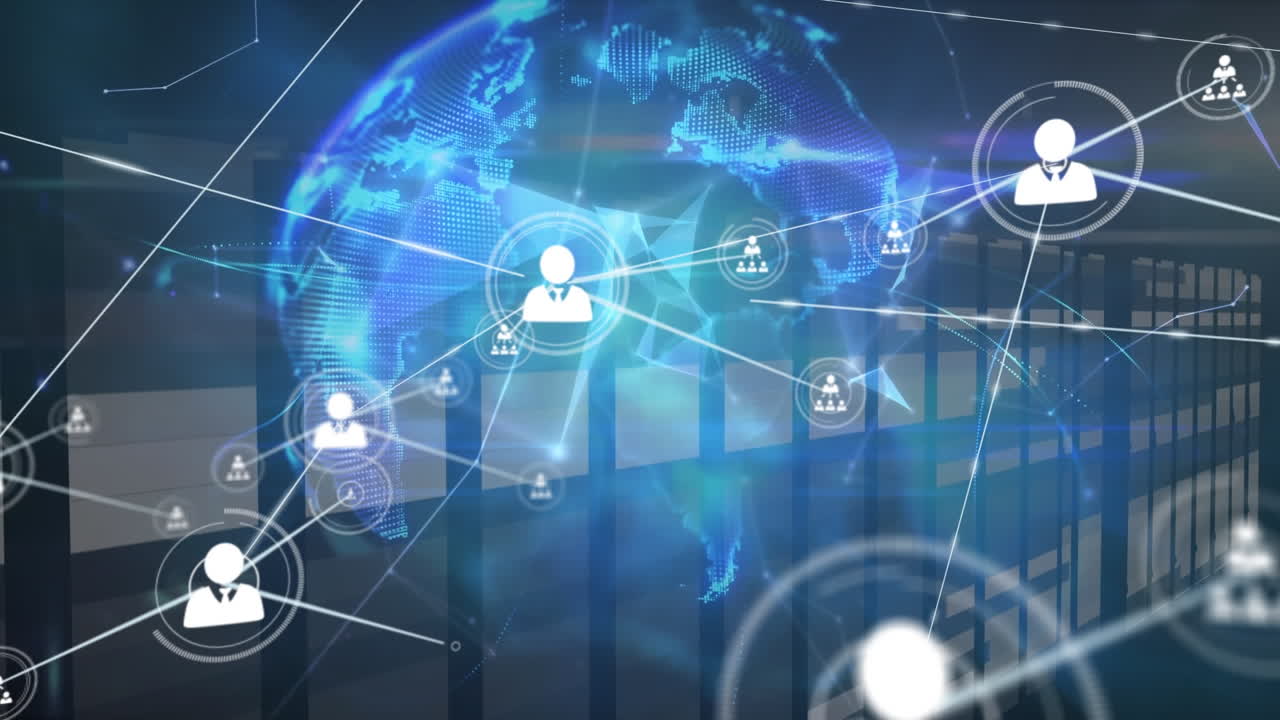 Animation of connected icons and glowing globe, dots forming shapes over bars in background