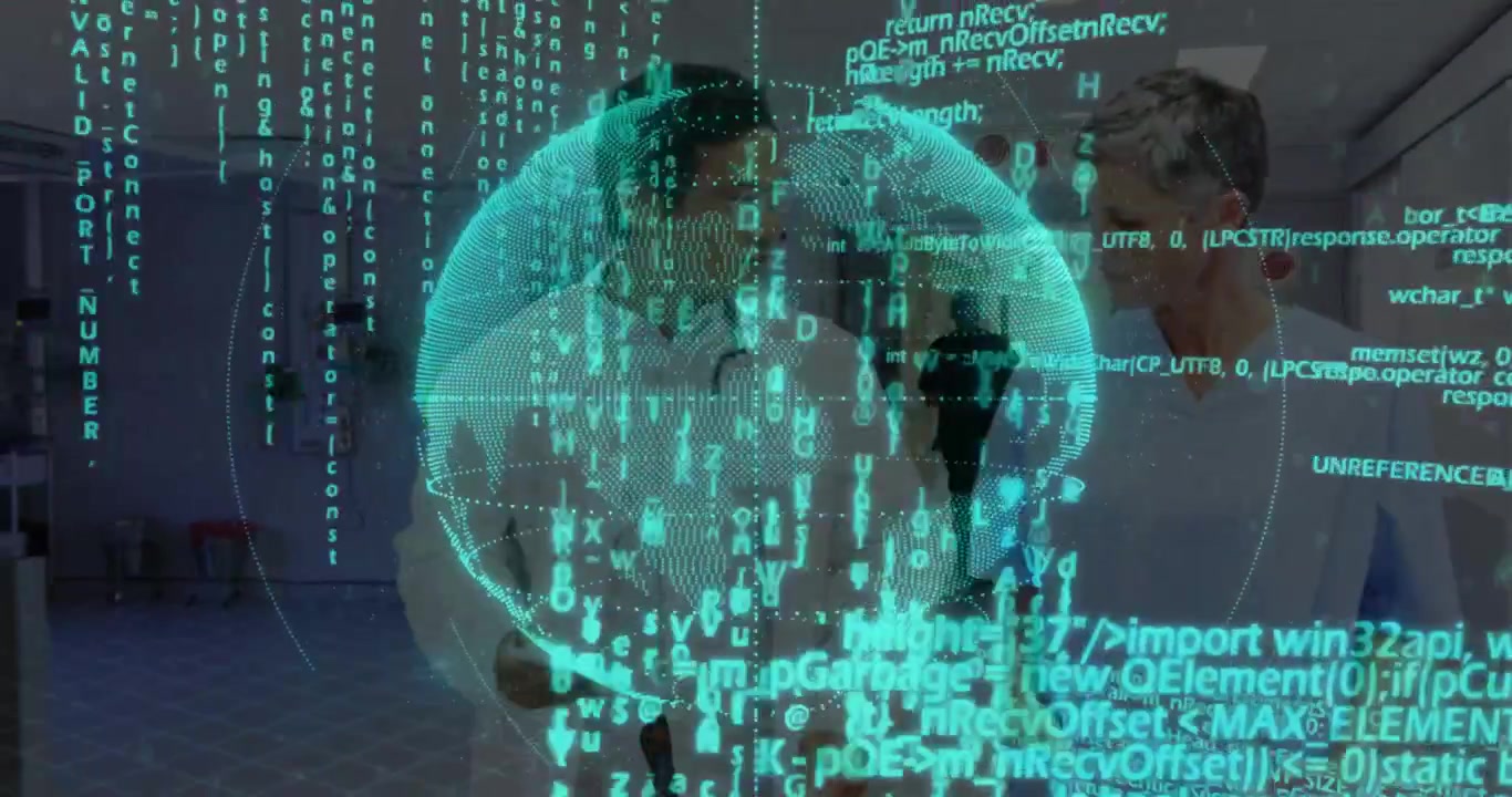Clinicians pausing, checking patient notes in ward as turquoise globe scales, obscuring faces