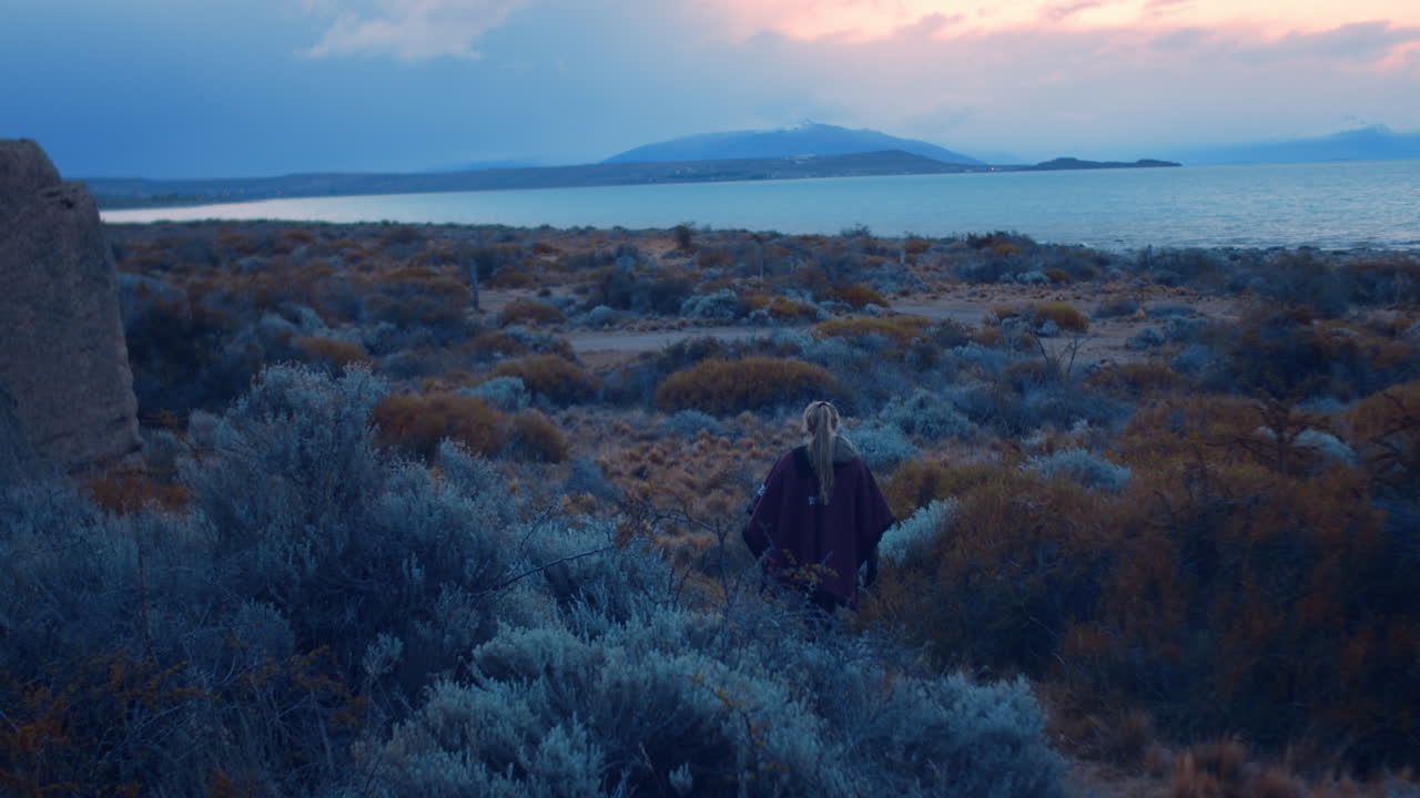 chica rubia exploradora caminando sola en la estepa patagónica antes del atardecer, argentina
