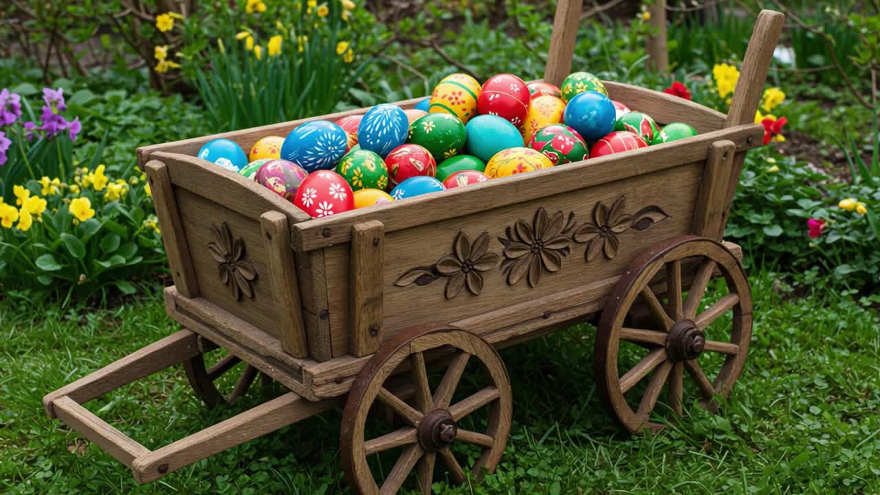 A Vibrant Wooden Cart Filled with Colorful Easter Eggs Surrounded by Blooming Flowers, Perfect for Celebrating Springtime Festivities in Nature's Delightful Setting