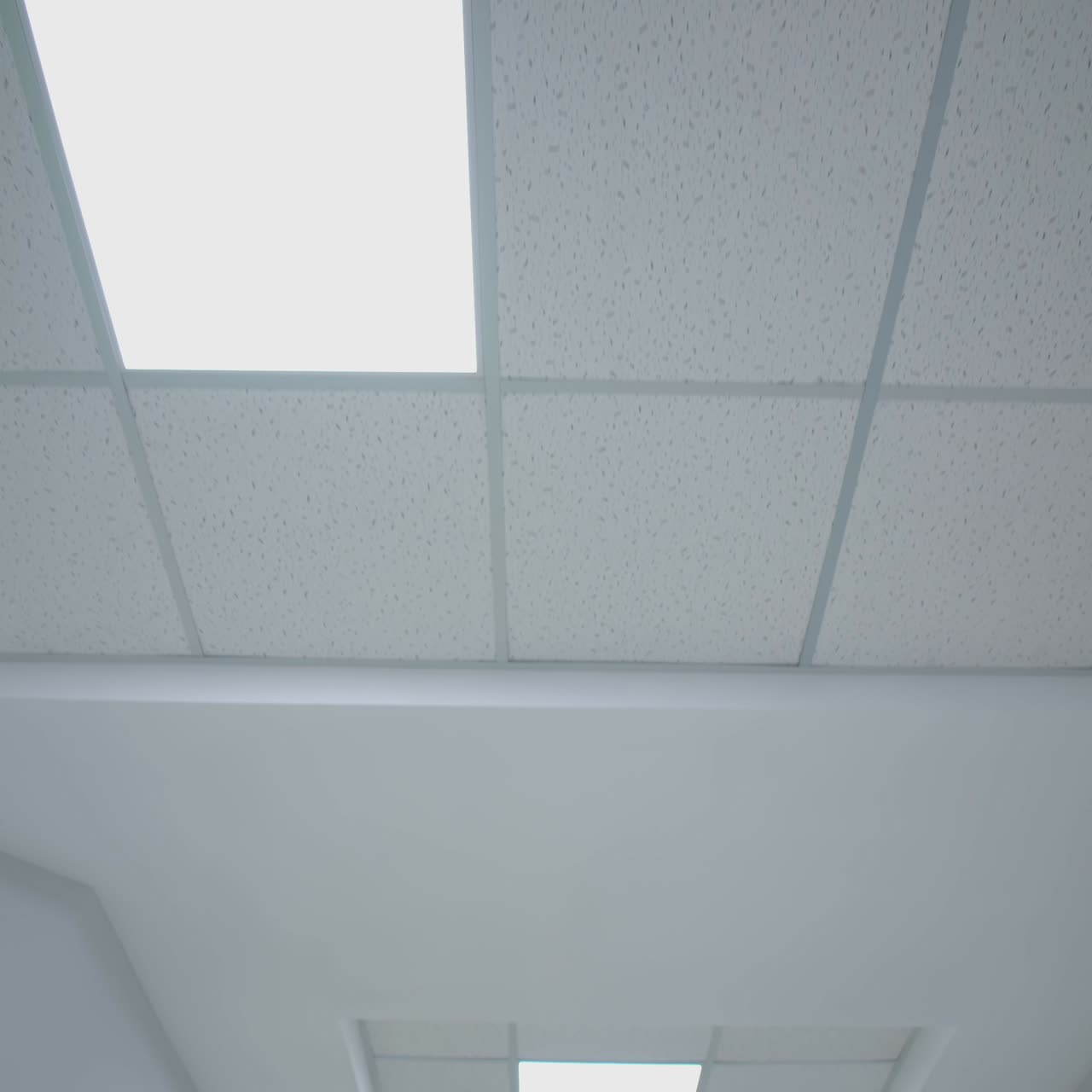 Corridor ceiling with light. Lamps on ceiling in hospital corridor. Bottom view