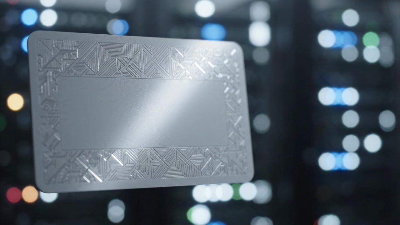 A sleek, reflective credit card with intricate designs floats amid a backdrop of glowing server lights, symbolizing technology and finance in a modern world.