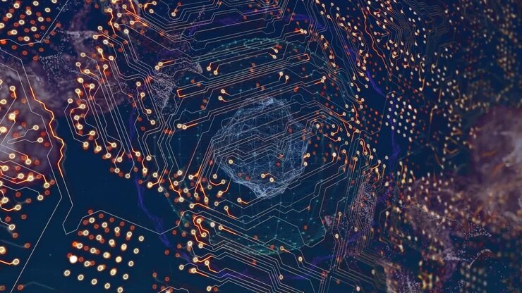 Animation of data processing over blue background