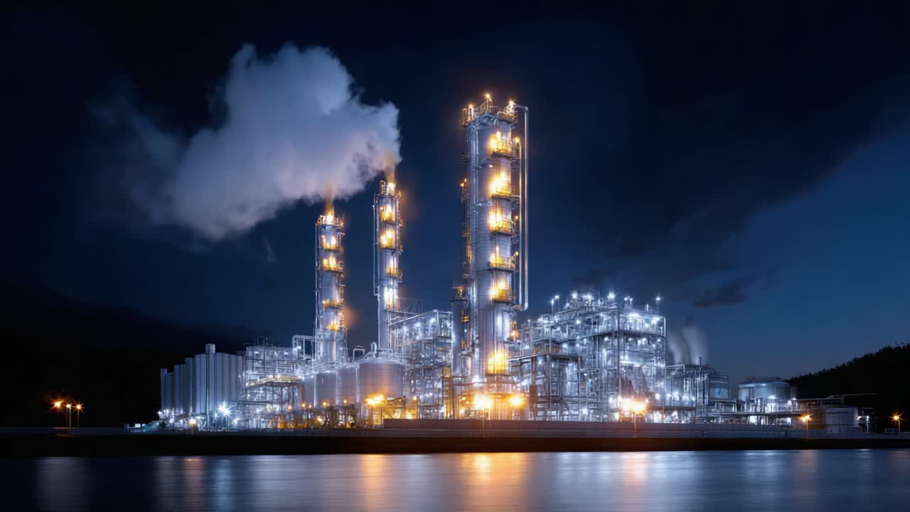 Illuminated Industrial Complex at Night: A Spectacular Display of Engineering Excellence with Towers Emitting Vapor and Bright Lights Reflecting on Water