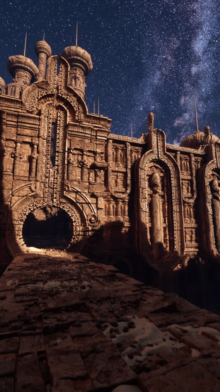 antigua fortaleza de piedra bajo una noche estrellada