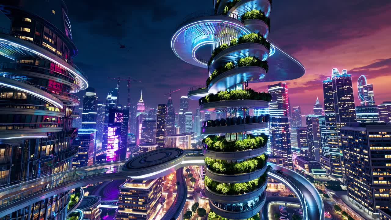 Futuristic cityscape at dusk with towering, spiral buildings