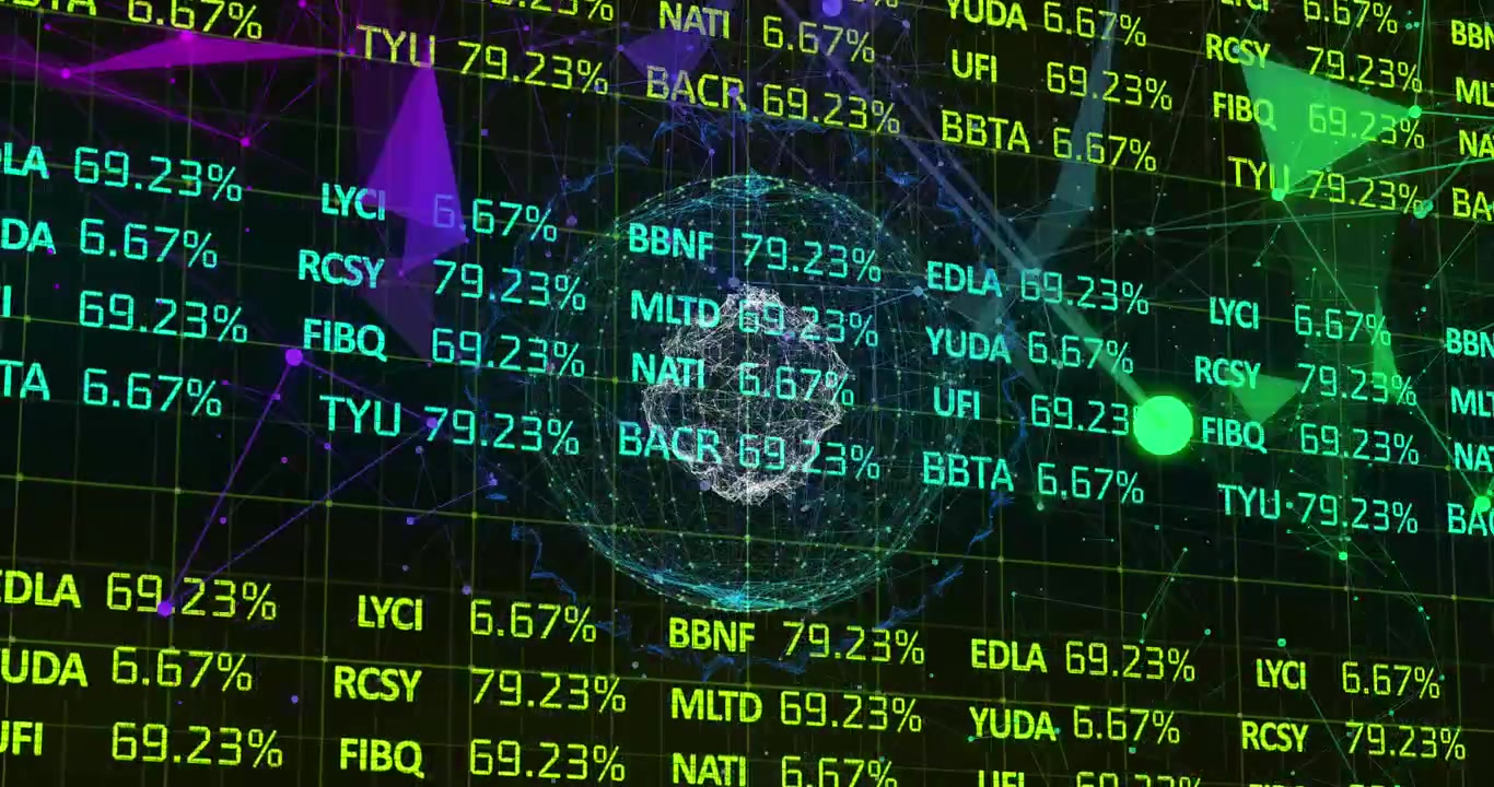 Animation of financial data processing over globe and connections