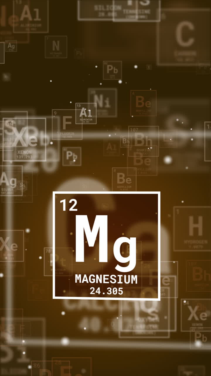 Magnesium chemical element icon from the periodic table. Animated brown background. looped. Vertical video.