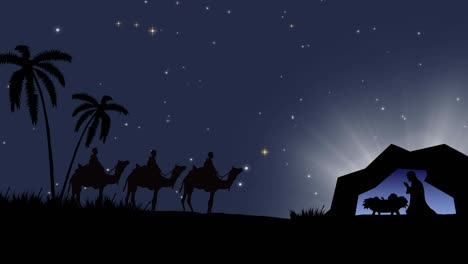 animation of nativity scene with three kings and shooting star