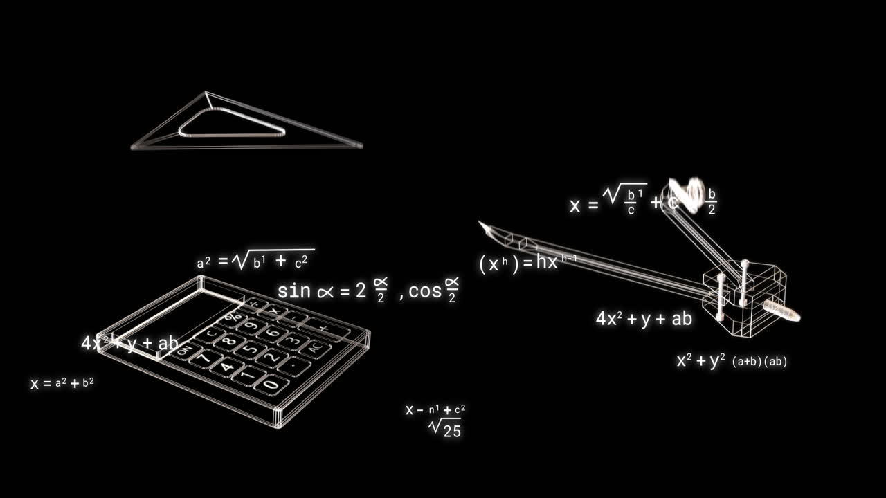 animación de iconos escolares sobre ecuaciones matemáticas sobre fondo negro