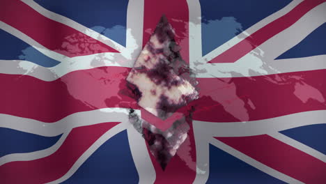 ethereum logo animation over united kingdom flag and world map