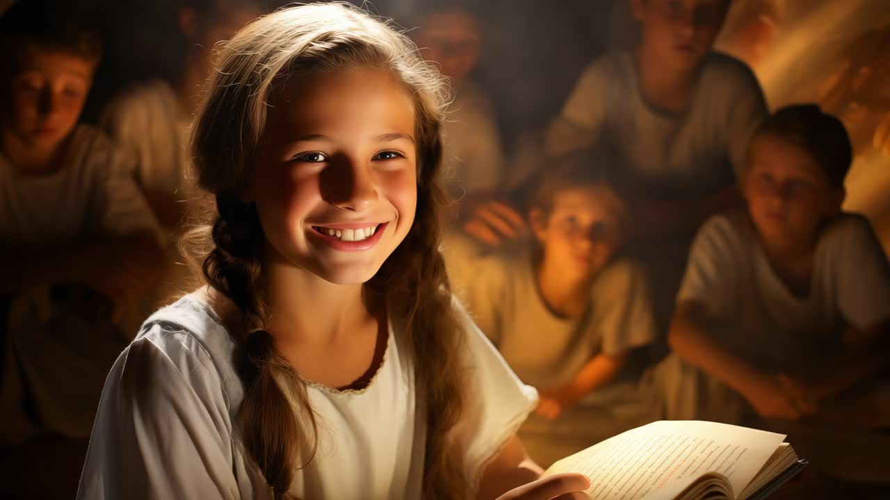 Young girl wearing a white dress is reading a book and smiling, surrounded by other children in a dimly lit setting, creating a cozy and engaging storytelling atmosphere