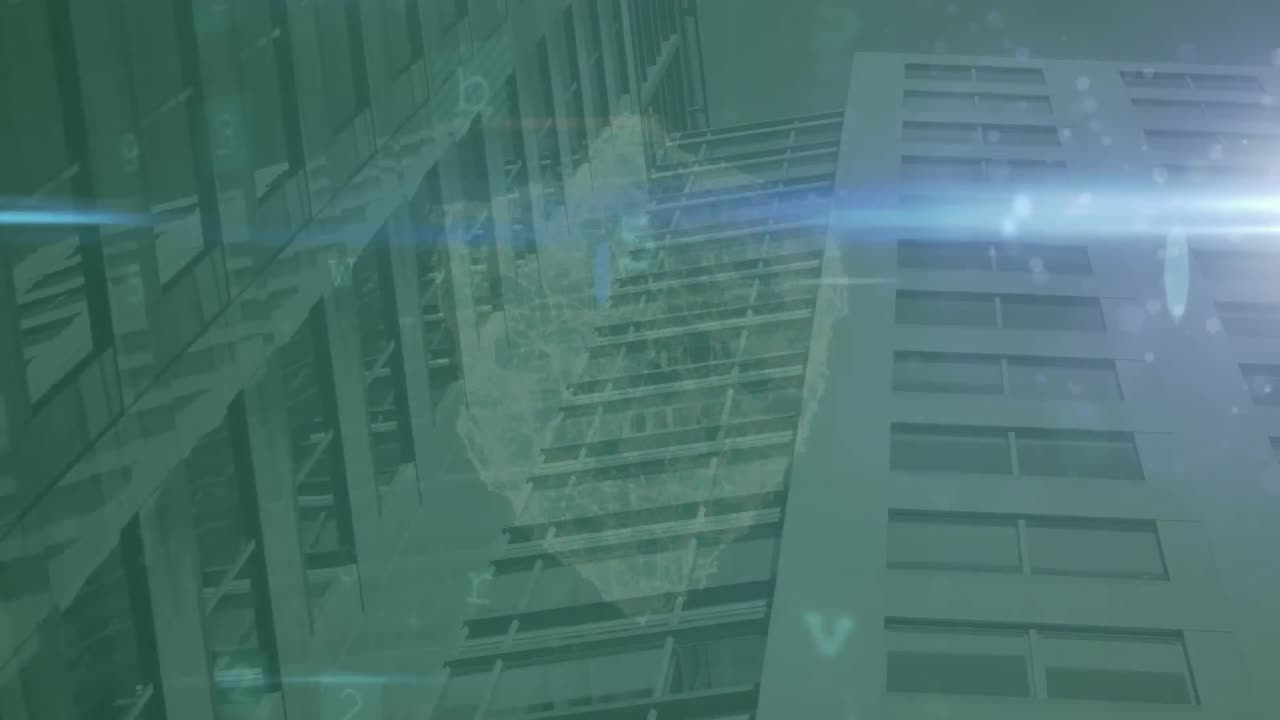 Animation of lights, warning and digital shield over skyscrapers