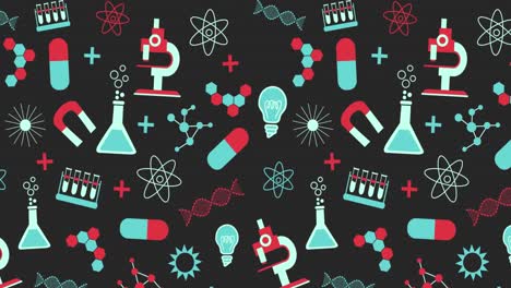 animation of science concept icons with copy space on black background