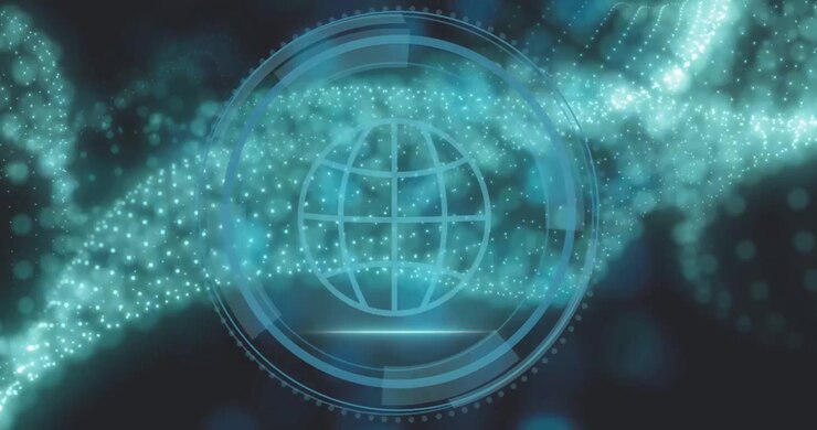 Particle ribbon drifting across center, HUD rings forming, globe emerging to show Cyber Security