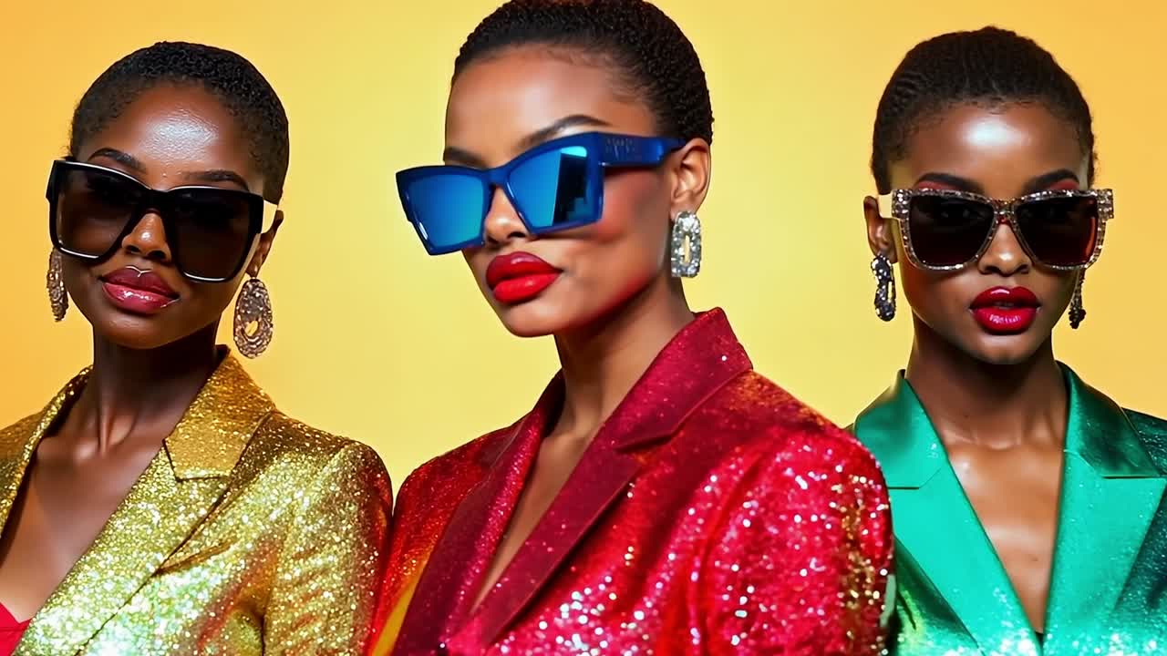 tres mujeres con gafas de sol y lápiz labial rojo