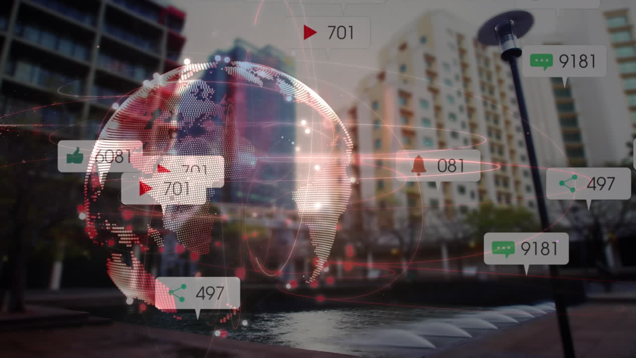 도시 풍경에 대한 소셜 미디어 아이콘과의 연결 네트워크의 애니메이션