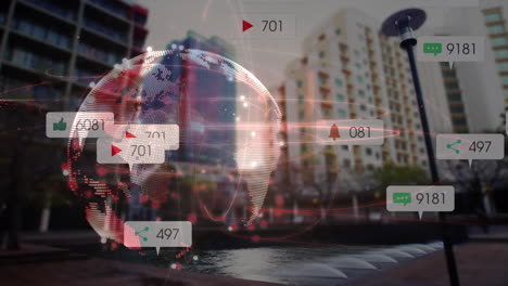 animación de la red de conexiones con iconos de las redes sociales en el paisaje urbano