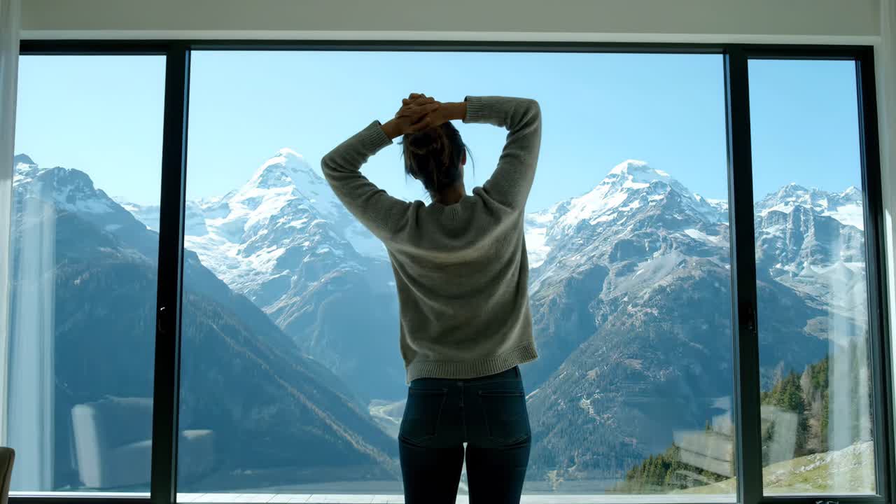 Woman Enjoying Mountain View from Home
