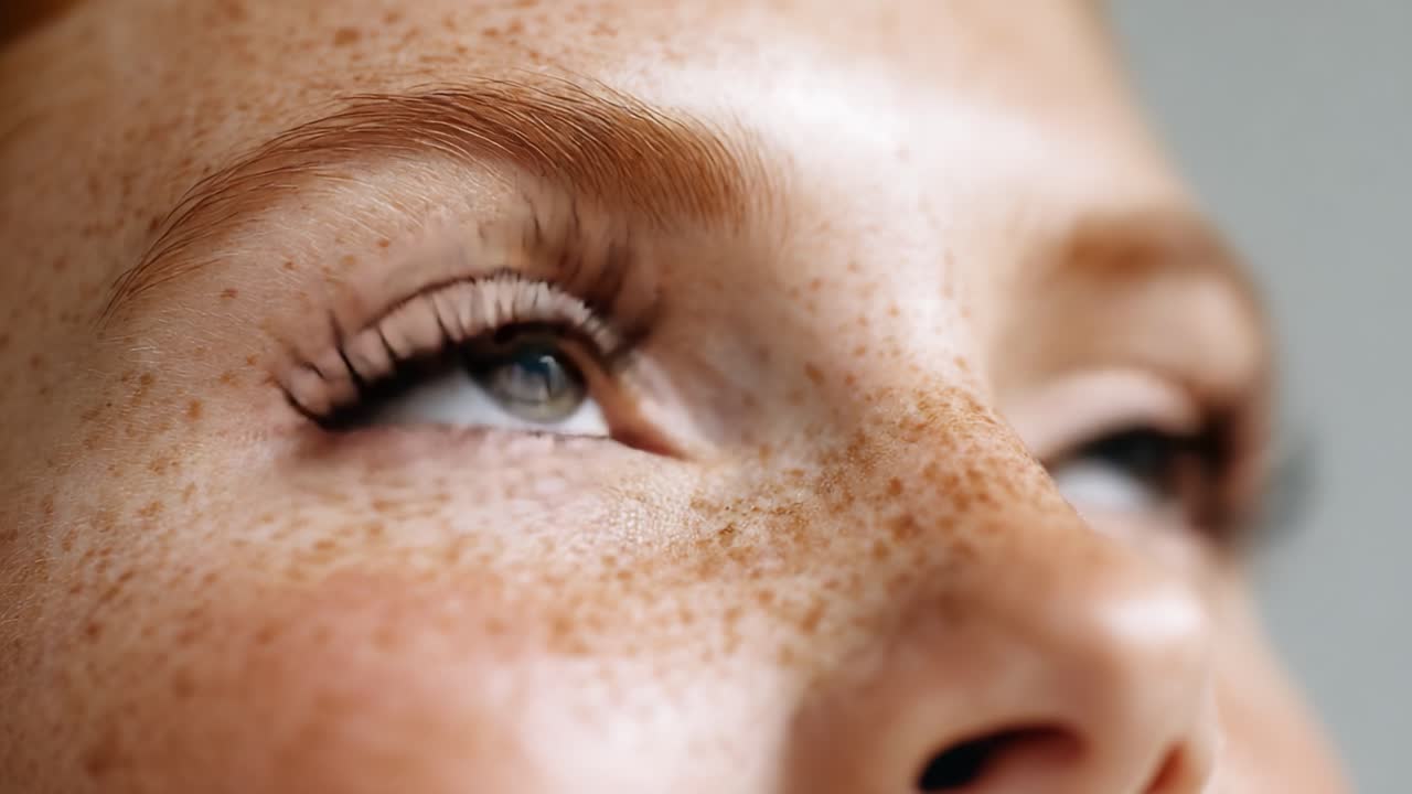 A Close-Up Exploration of Unique Eye Features: Capturing the Intricacies of Lashes and Freckles in a Beautiful Human Gaze