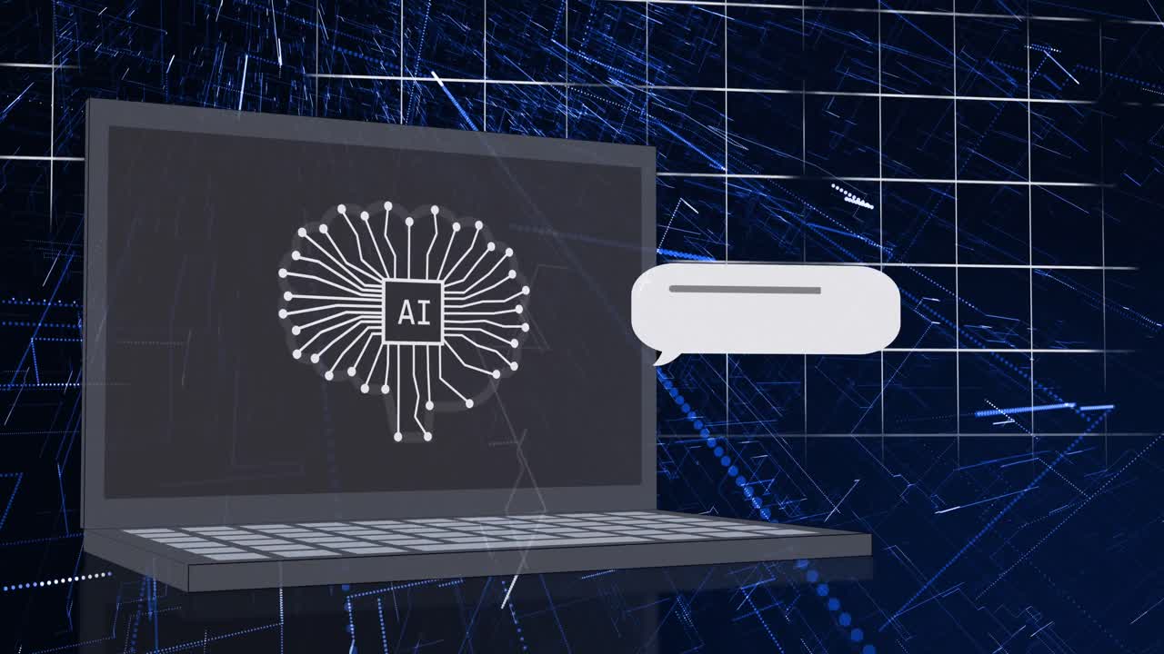 Animation of ai chat and data processing over laptop on blue background